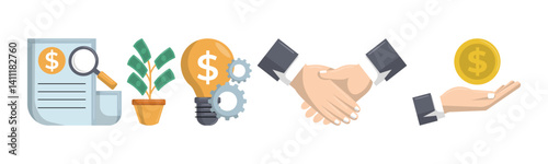 An illustration representing financial growth, strategic investments, and successful business development through innovative ideas and collaborative partnerships.