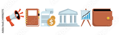 An illustration showcases essential financial planning elements. Includes megaphone, notebook, bank, chart, wallet and other financial items.