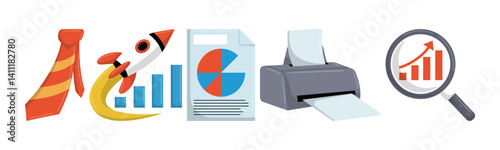A conceptual illustration depicting business growth, featuring elements like a rocket, charts, and a magnifying glass to symbolize analysis and exploration for success.