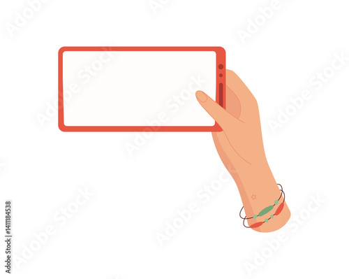 A hand holds a smartphone with a blank template screen. The user displays simple mobile device in gesture for communication. Digital app showcases potential for social interaction.