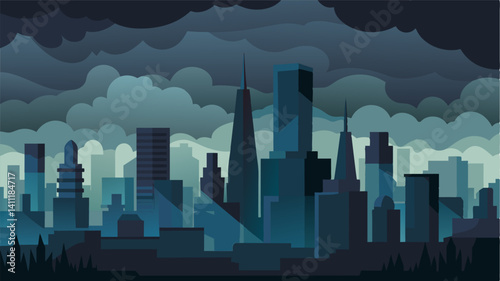 Despite the picturesque city skyline the dark clouds that blanketed the horizon served as a sobering reminder of the instability and inequality that plagued the city.. Vector illustration