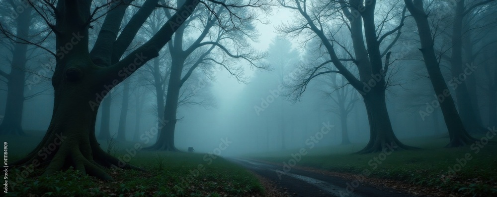 Naklejka premium Moody forest landscape with misty fog and twisted trees, ink, mystical