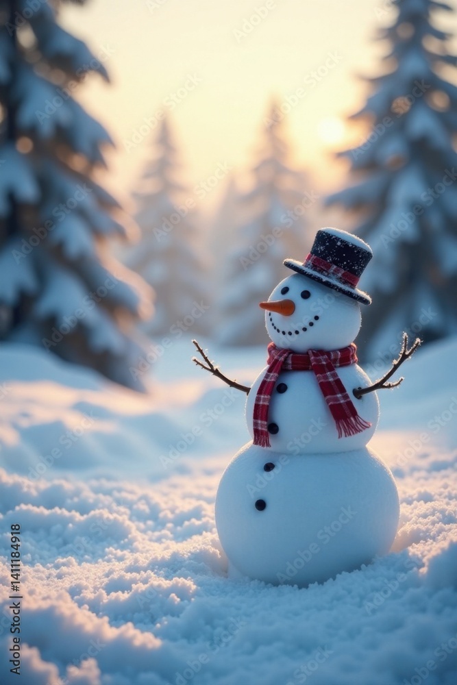 Fototapeta premium Frosty landscape with snowman in serene winter scene, winter scenery, white snow