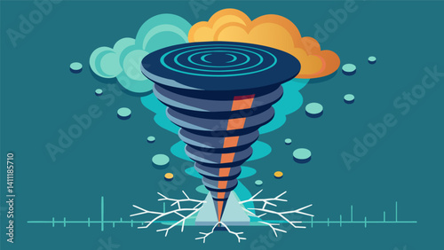 A tornado swirling with bits of data representing the powerful and unstoppable force of modern highspeed data transmissions.. Vector illustration