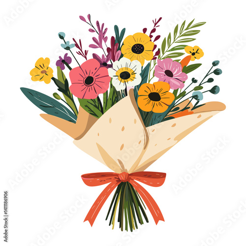 Flower bouquet wrapping with paper and a ribbon flowers art illustration vector