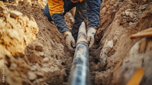 Construction worker laying pipes in a trench at a construction site. Featuring focus and expertise