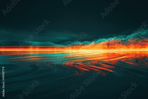 Abstract vibrant horizon with radiant light streaks on a dark teal landscape
