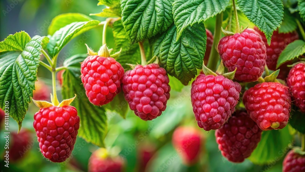 Macro Photography: Red Raspberry Ripening Close Up, Lush Garden, Berries, Fruit, Nature Macro Photography: Red Raspberry Ripening Close Up, Lush Garden, Berries, Fruit, Nature