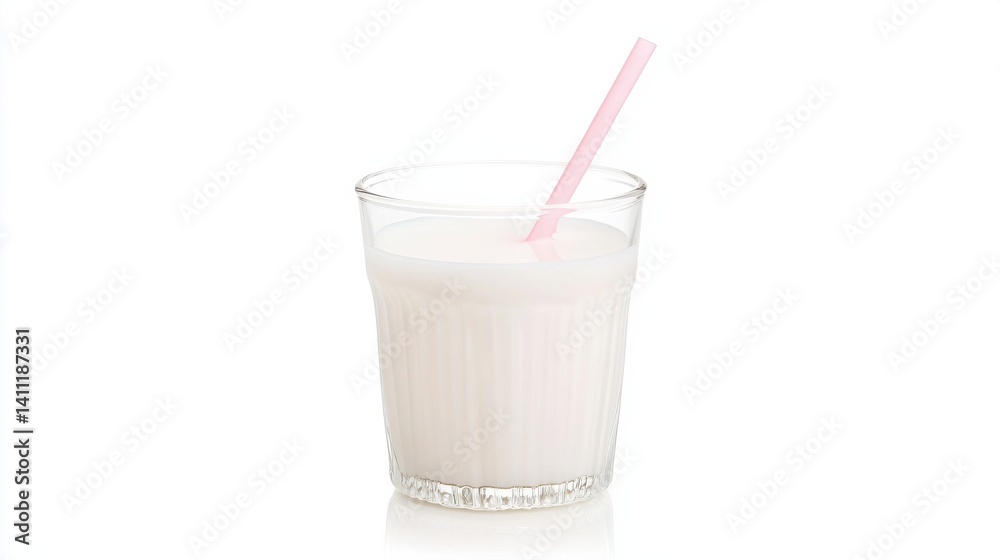 Refreshing Glass of Milk with Pink Straw on White Background Refreshing Glass of Milk with Pink Straw on White Background