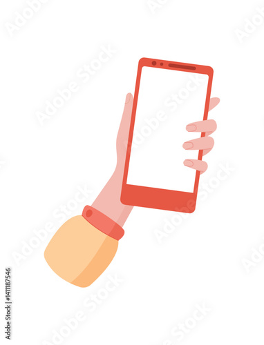 Smartphone held in a hand with a blank screen. A user holds mobile phone featuring digital template. This contemporary smartphone serves various applications, flat style, ideal for web and app