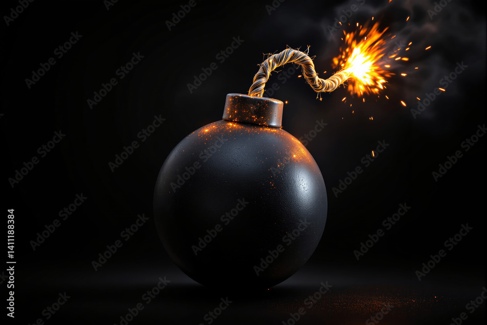 Classic round bomb with lit fuse emitting glowing sparks, digital art style, placed on dark background, concept of danger and countdown. Ai generative