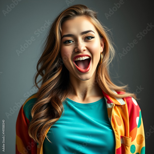 Portrait of Exclaiming Sexy Alluring Sensual Young Caucasian Female in Colorful Clothing in Dolly Style
