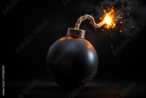 Obraz na płótnie Classic round bomb with lit fuse emitting glowing sparks, digital art style, placed on dark background, concept of danger and countdown. Ai generative w salonie