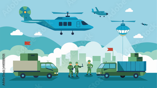 As the world becomes increasingly interconnected air taxis are used for rapid deployment of troops and supplies to support international peacekeeping efforts effectively bridging. Vector illustration