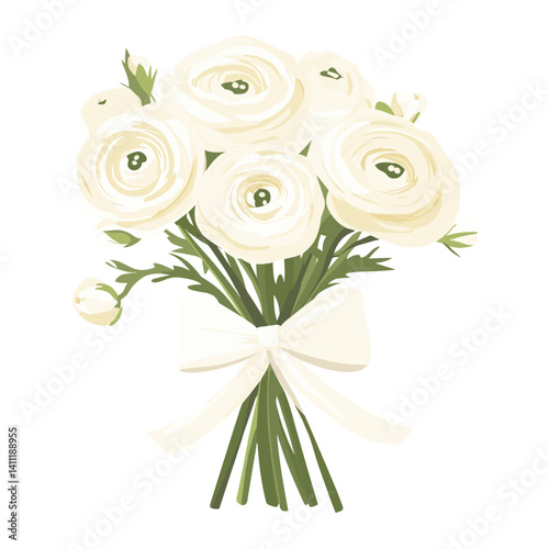 Wedding bouquet with Ranunculus flowers and a white bow art illustration ranunculus vector