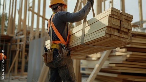 Construction worker lifting heavy materials on a job site. Featuring strength and determination