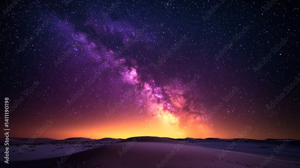 Fototapeta premium Clear night sky filled stars above a calm desert featuring the Milky Way stretching across the sky gradient sky from dark purple to black soft light on the sand dunes