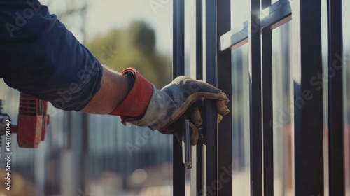 A construction worker installing a metal gate on a property. Featuring precision and craftsmanship photo