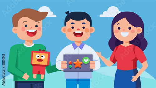 A boy proudly showing off his first finished game made with Unity to his parents who cant help but smile at his creativity and skill.. Vector illustration