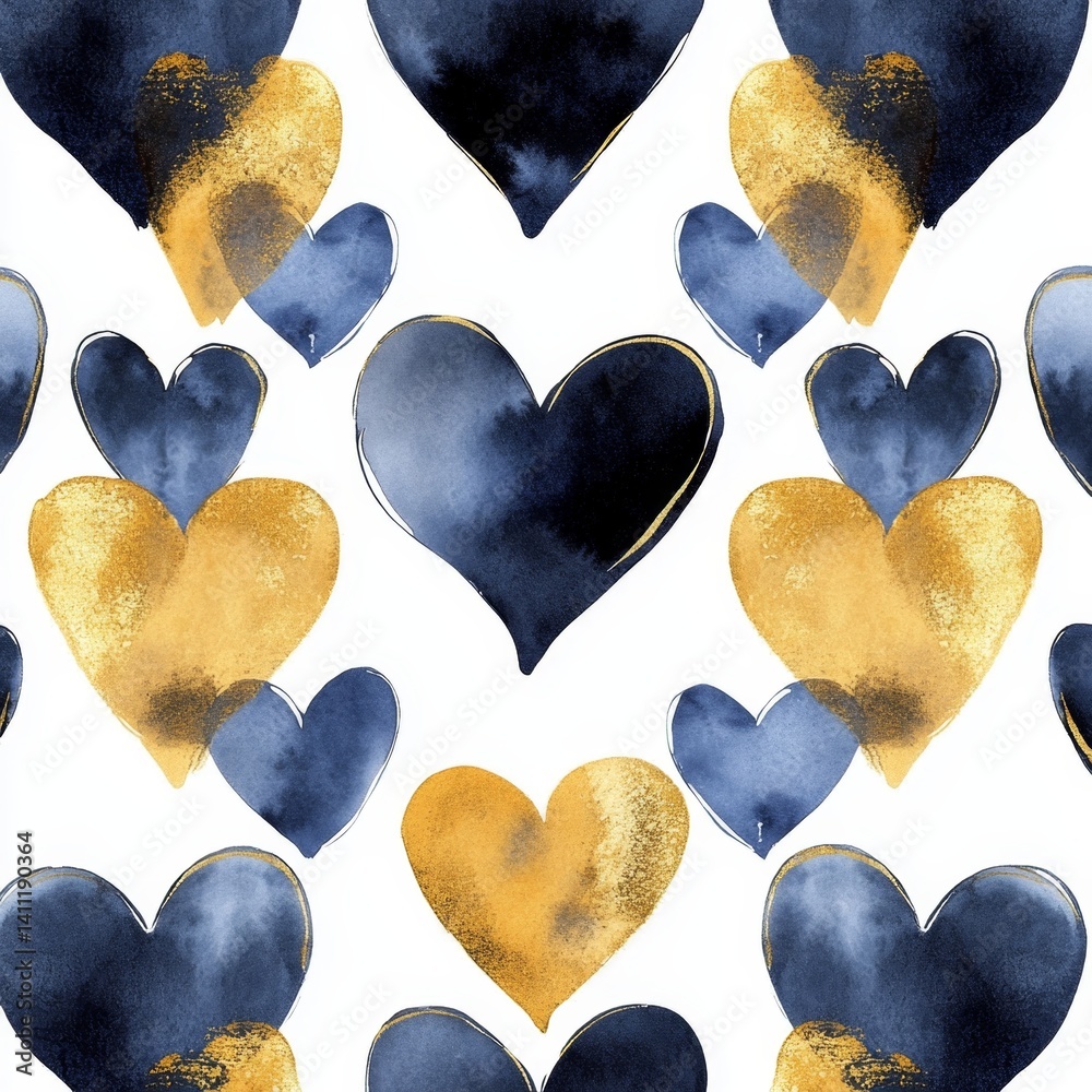 Obraz premium Heart-shaped watercolor pattern in navy and gold