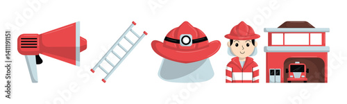 Cartoon illustration of firefighter equipment, including a megaphone, ladder, helmet, firefighter, and station. Representing safety, rescue and emergency response.