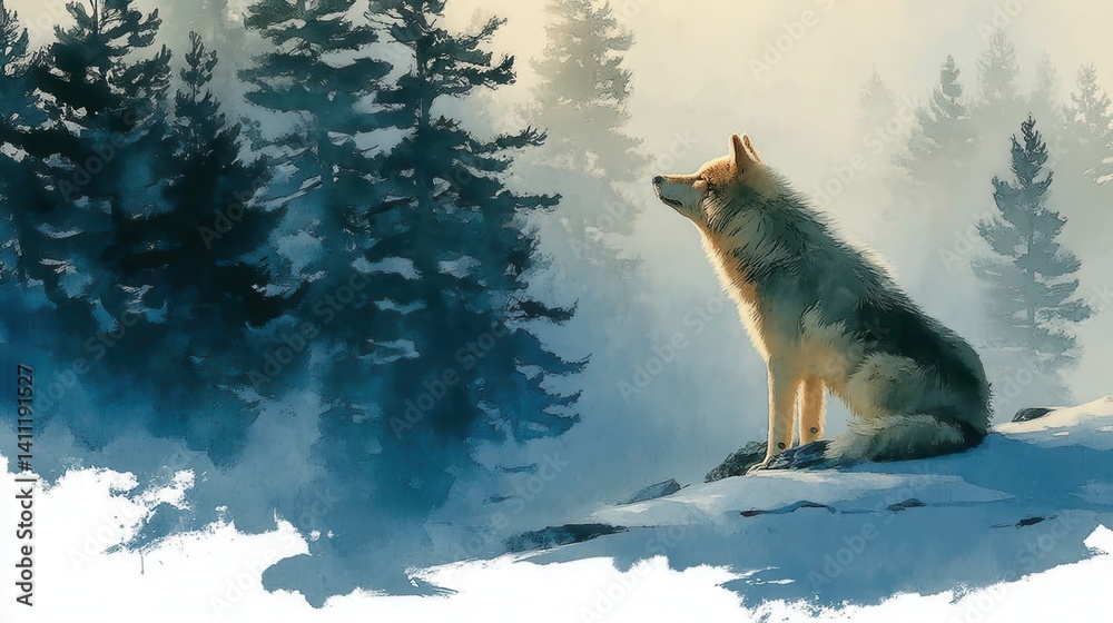 Obraz premium wolf in winter clipart watercolor illustration illustrative clipart collection illustration