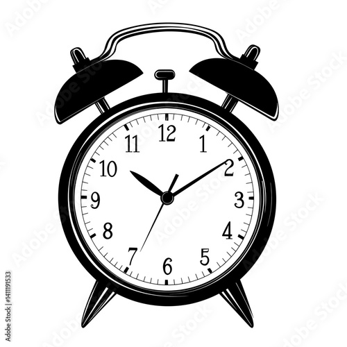 Simple alarm clock linear illustration black white vector