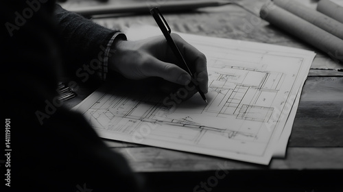 Architect reviewing blueprints at a construction site. Featuring architectural planning and design