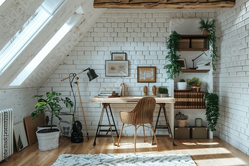 Attic Workspace: A cozy home office setup with natural light and calming decor