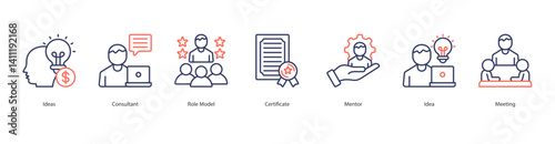 Mentorship icon sheet vector ideas, consultant, role model, certificate, mentor, idea, meeting