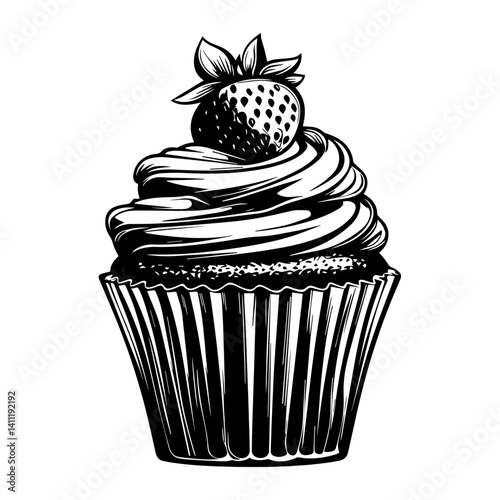 Simple cupcake with strawberry on top linear illustration dessert design vector