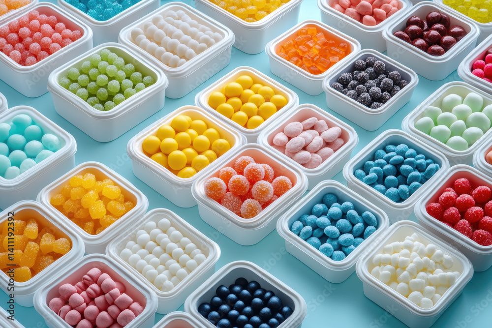 custom made wallpaper toronto digitalColorful jelly beans displayed in plastic containers, arranged neatly in rows, creating a vibrant and tempting selection.