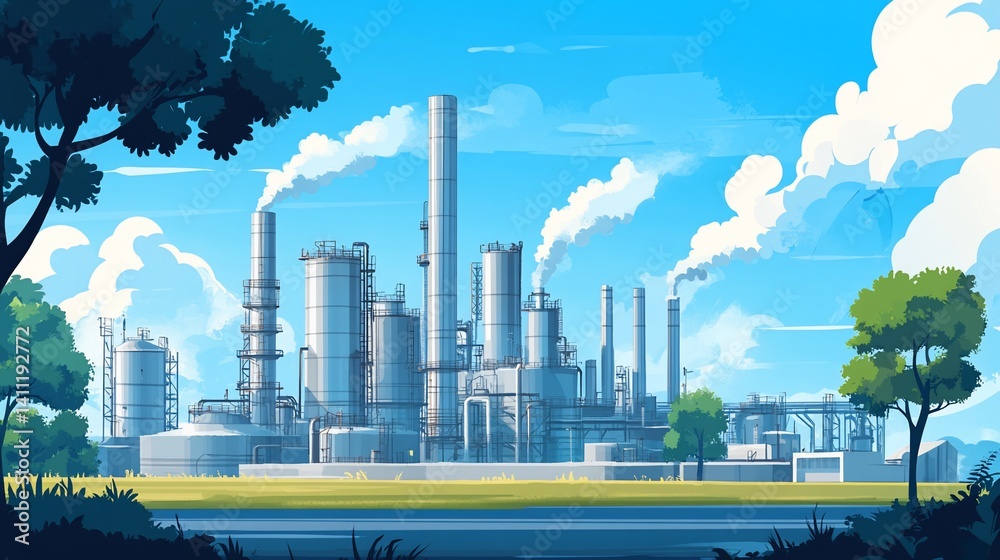 Obraz premium Industrial plant with smokestacks emitting smoke, surrounded by green trees and a blue sky.