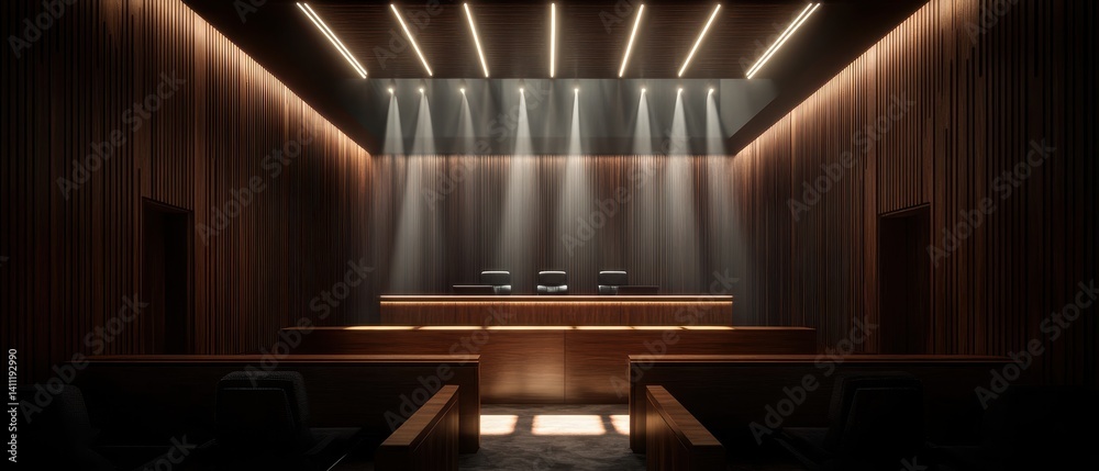 Oversight, Strategy, Regulation Modern courtroom interior with wooden paneling and ambient lighting, featuring a judge's bench and seating for observers.