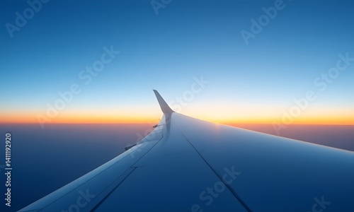 A close up view of an airplane wing with sky and clouds in background.