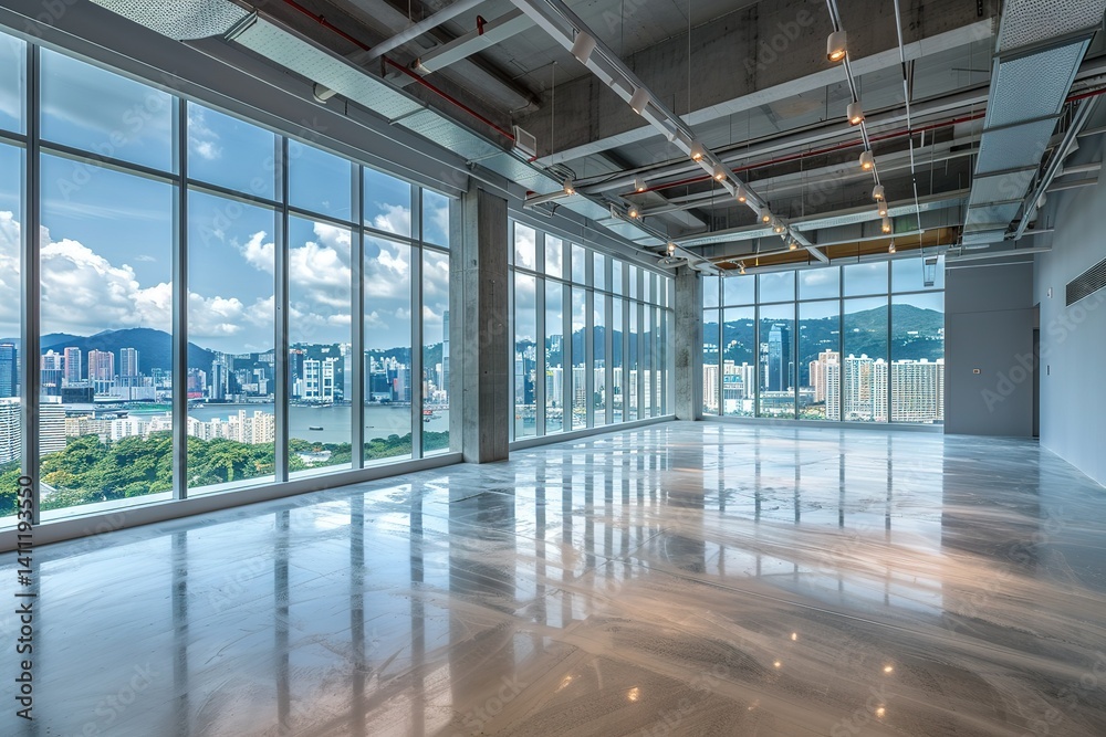 Bright interior with city view through large windows and smooth floor Bright interior with city view through large windows and smooth floor