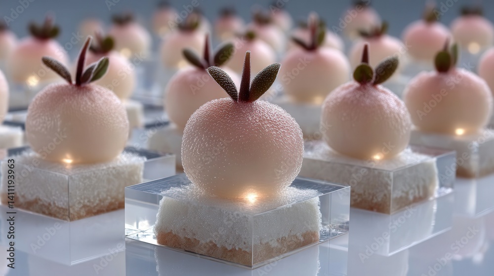 A close-up of synthetic plant-like food growing in a transparent biolab cube, softly glowing under bioluminescent light, blending biology with technology.