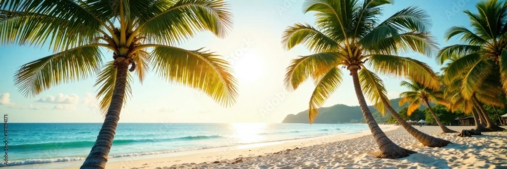 Obraz premium Palm trees sway gently in warm sunlight on sandy beach, sunshine, palm trees
