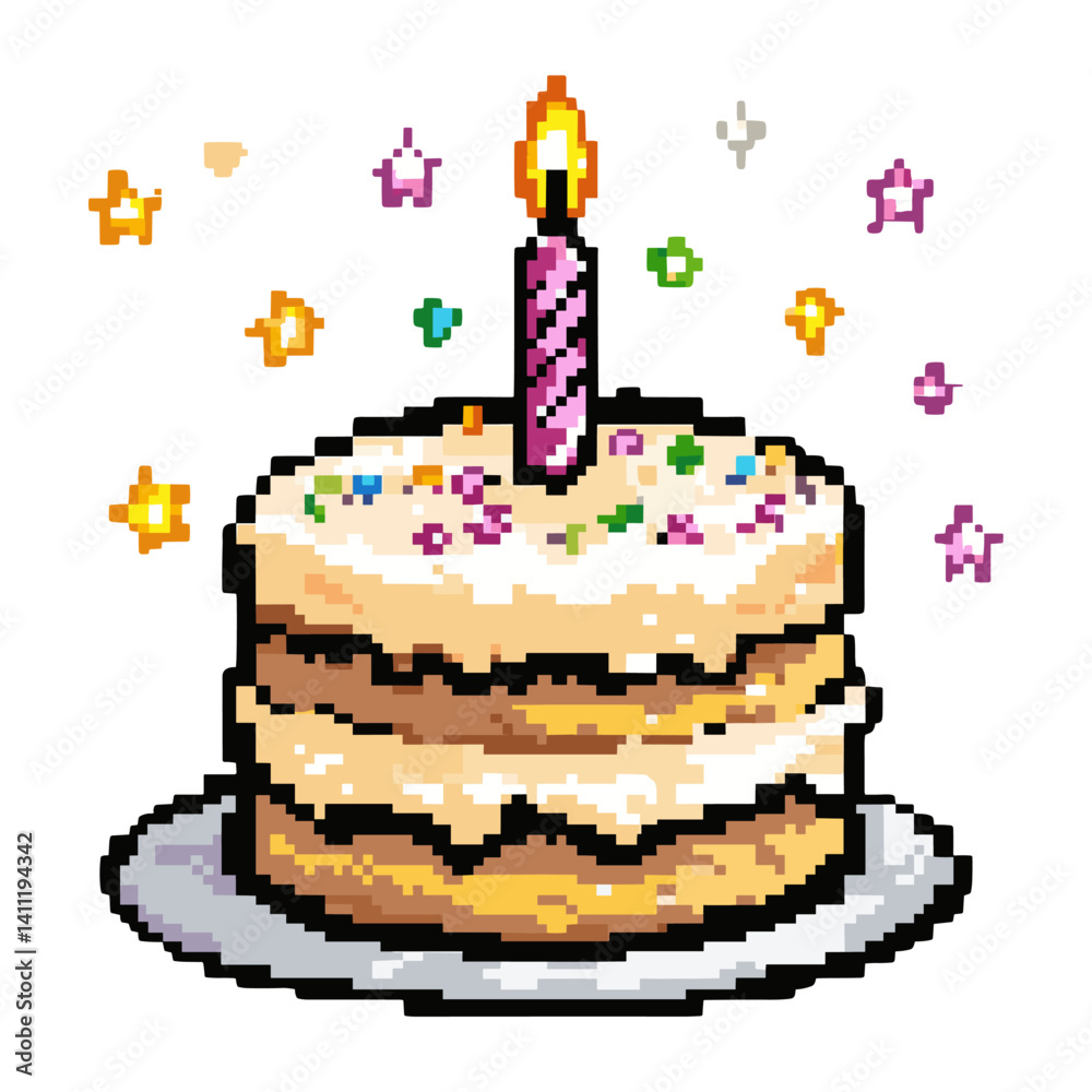 Cute birthday cake with candle pixel art illustration vector