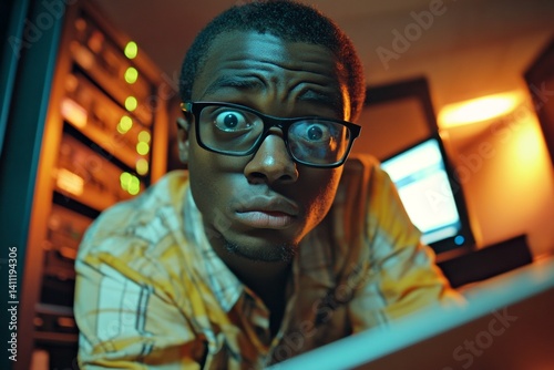 Man teaching coding. Stock trader looks very irritated at the monitor in dark computing facility. Enthusiast black young man in everyday, diagram reflections in his glasses. Picture of it. photo