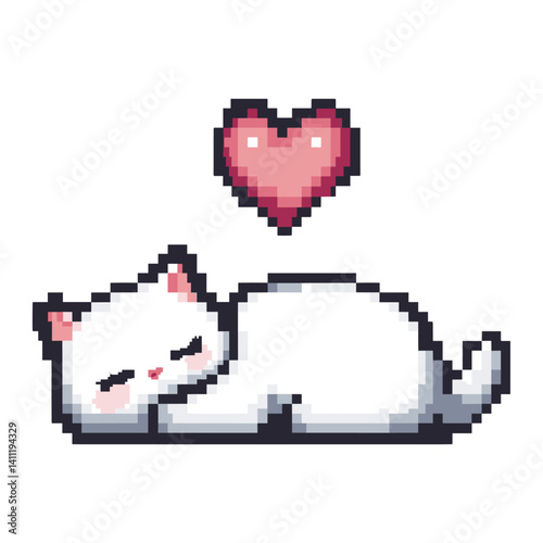 Cute white cat sleepy heart pixel illustration vector