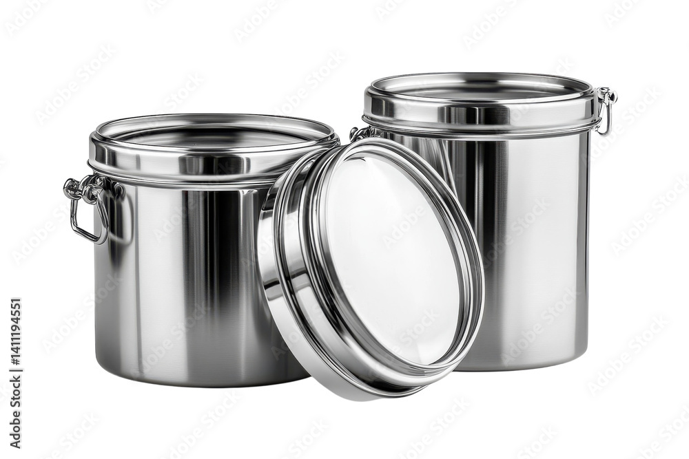 Two sleek stainless steel canisters with airtight lids perfect for kitchen on transparent background Two sleek stainless steel canisters with airtight lids perfect for kitchen on transparent background