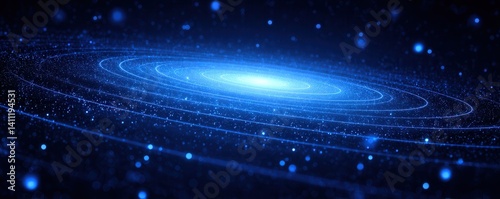 A mesmerizing blue cosmic swirl with glowing dots, depicting a galaxy or celestial phenomenon against a dark backdrop.