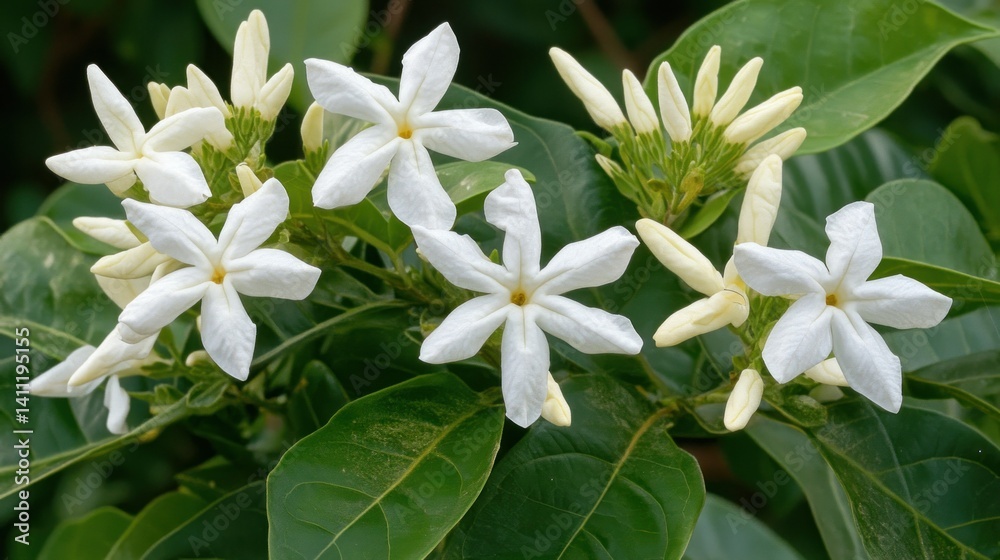 Fototapeta premium Beautiful cluster of white flowers blooming on green leafy branches