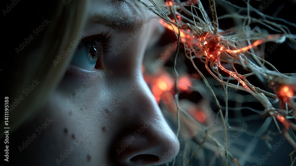 A surreal portrait of a human face merging with glowing neural synapses and fractal light patterns, capturing an emotional expression frozen in thought.