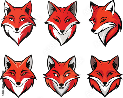 Fox Head multiple expressions Illustrations – Vector Animal logo design set, Mascot Icons