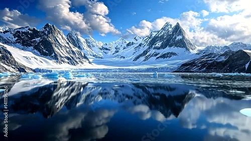 Majestic snow-capped mountains reflect in a serene icy lake under a bright blue sky