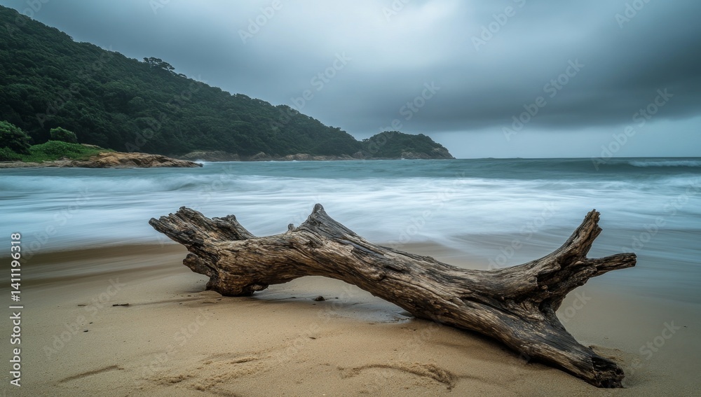 Fototapeta premium Driftwood on a sandy beach, tranquil seascape
