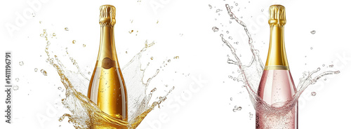 champagne bottles with splash on white background