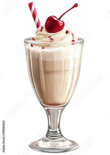 milkshake with cherry, whipped cream and straw isolated on white background.